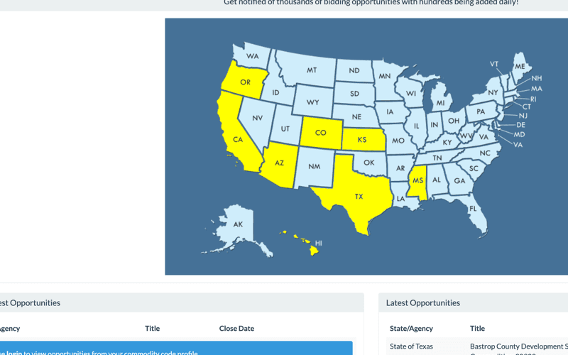 SICOMMNET — public bids and opportunities portal with state-by-state coverage map